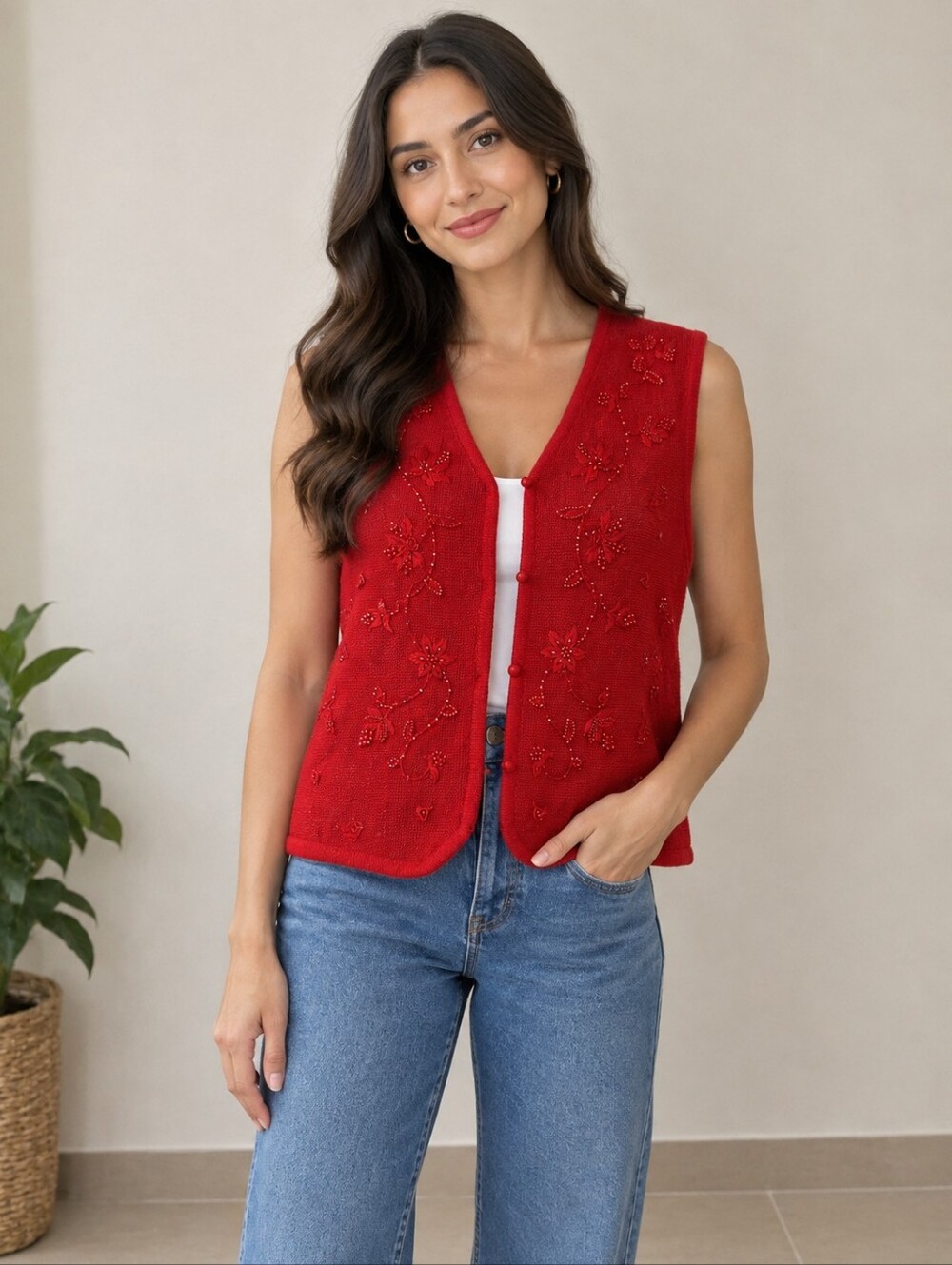 Vintage Requirements Red Embroidered V-Neck Sweater Vest Sz L